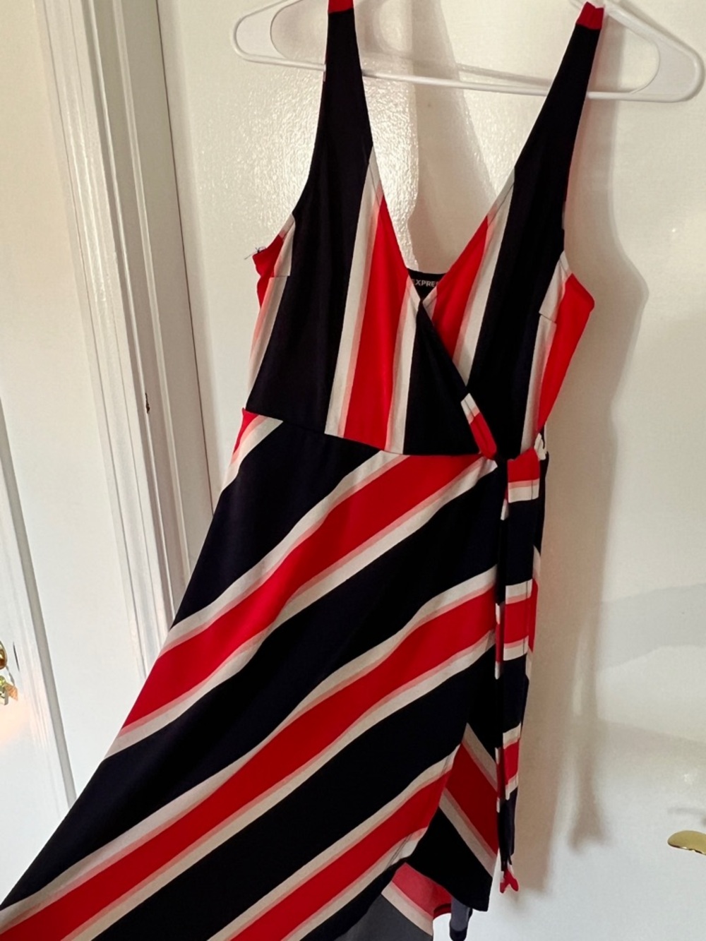 Express Red, Black & White Striped Midi Wrap Dress